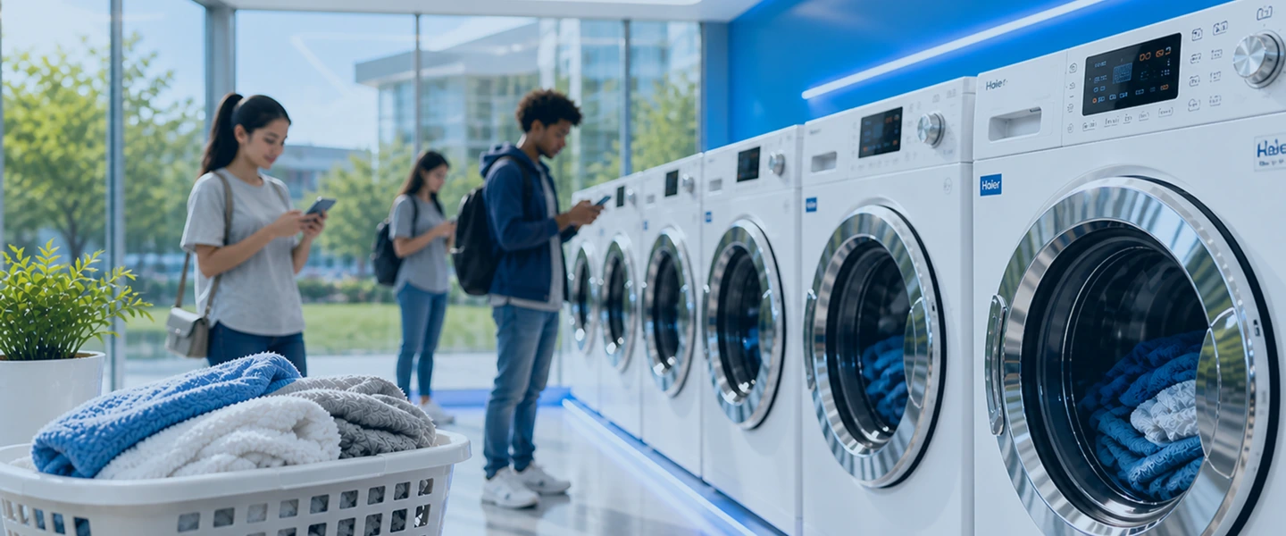 Students using Haier Smart Laundry machines